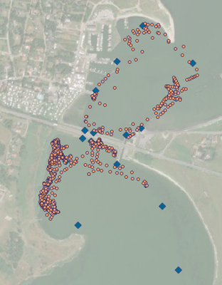 Example track (~21 hours) of trout negotiating the flood prevention barrier at Virksund. Hydrophones are shown as blue diamonds